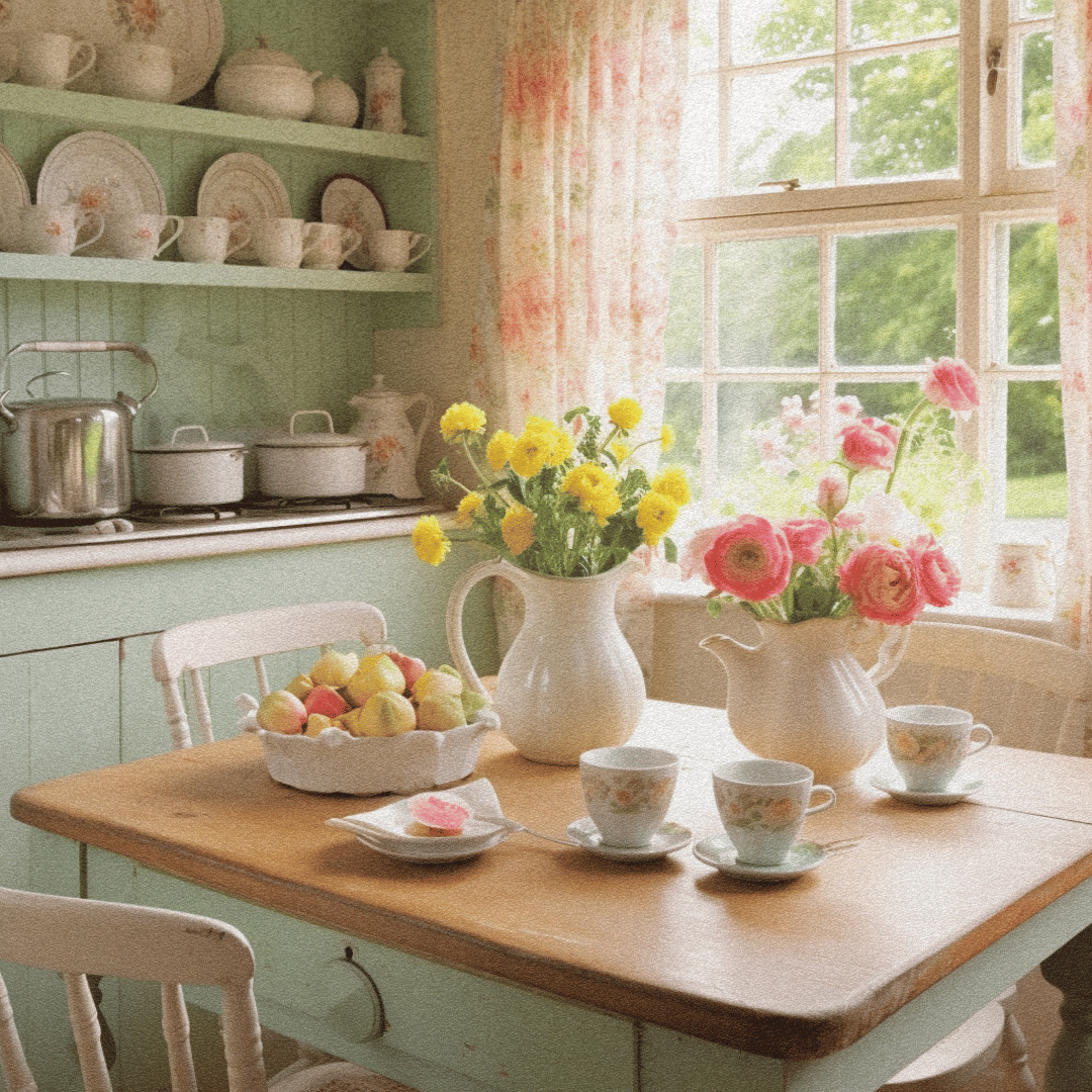 cottagecore kitchen green walls with flowers on table