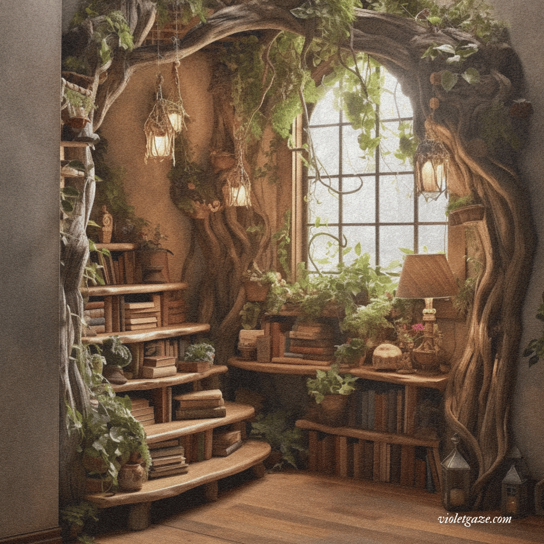 book stairs with arched windows and lanterns