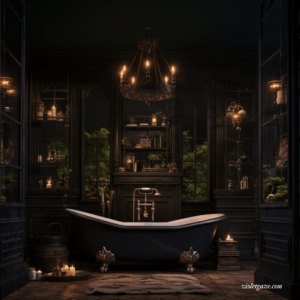 dark academia black walls chandelier from list of interior design styles