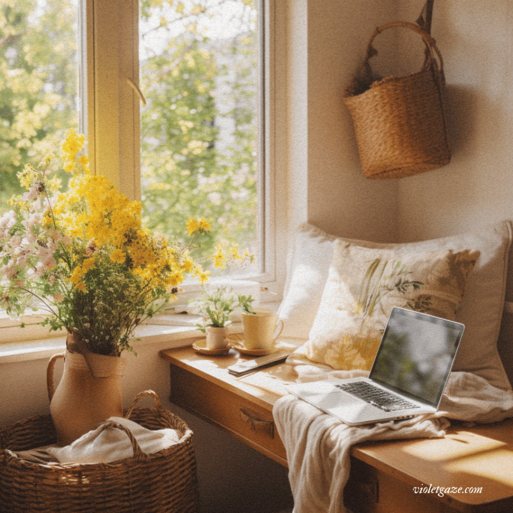corner boho desk with hanging basket, bundle of flowers, pillows on desk with beautiful window exterior