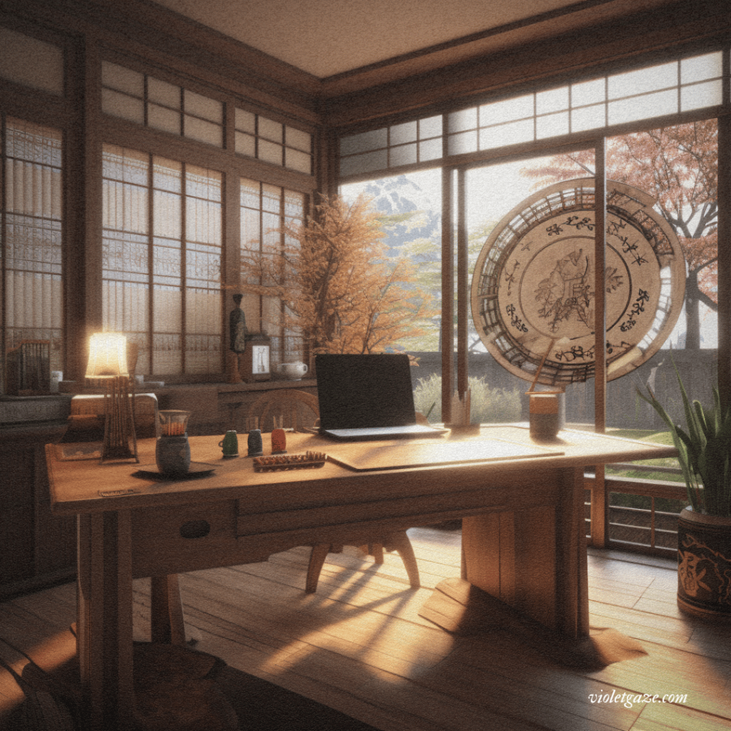 japanese feng shui corner desk with full window