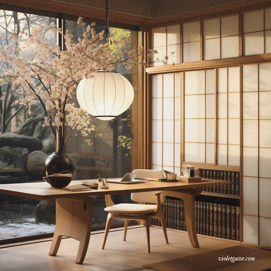 japanese desk japandi interior design with round light and cherry blossom branches