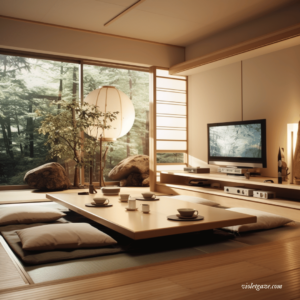 japanese floor table with tv and paper lantern from list of interior design styles