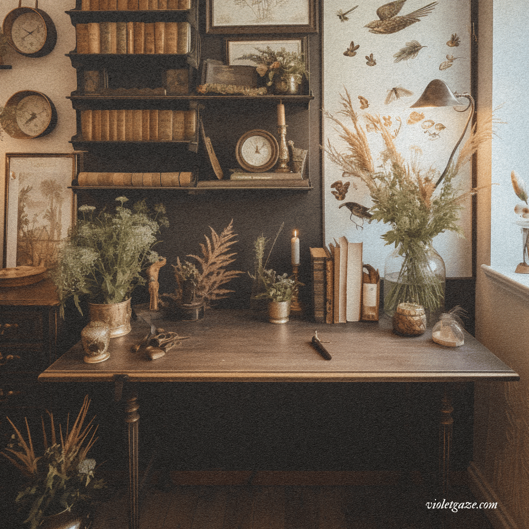 vintage desk with old books and flowers