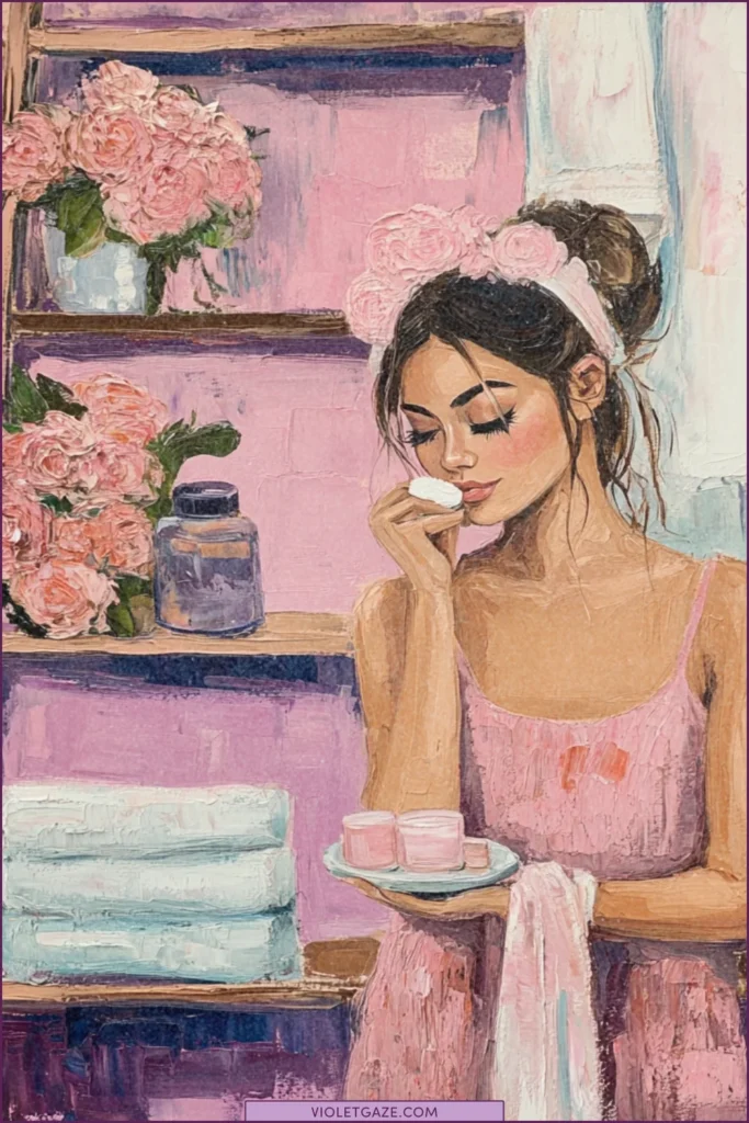 woman with best bamboo towel in bathroom wiping lips