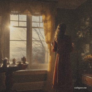 woman looking out window green room