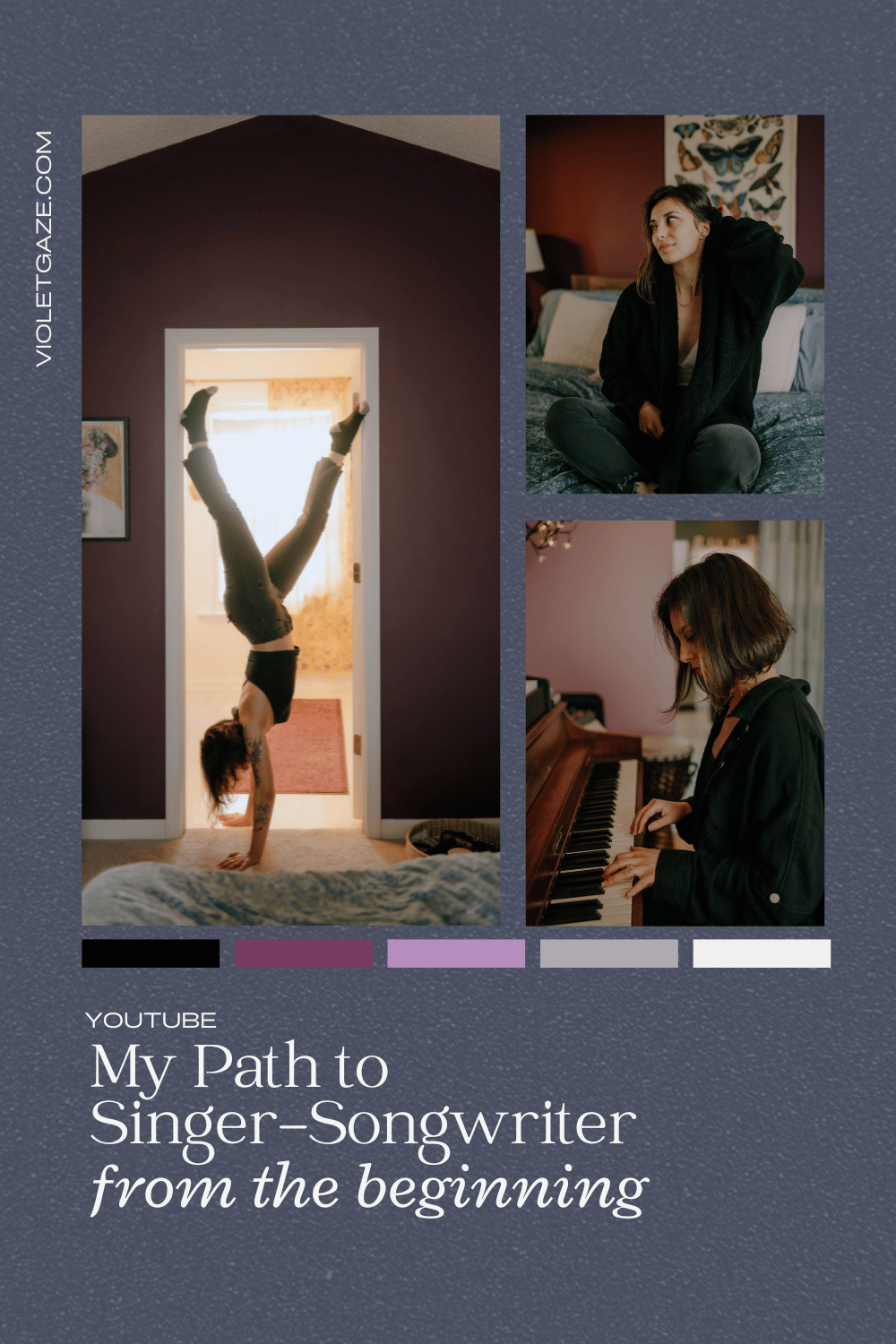 image collage of girl doing a handstand, on her bed, and playing the piano in her room