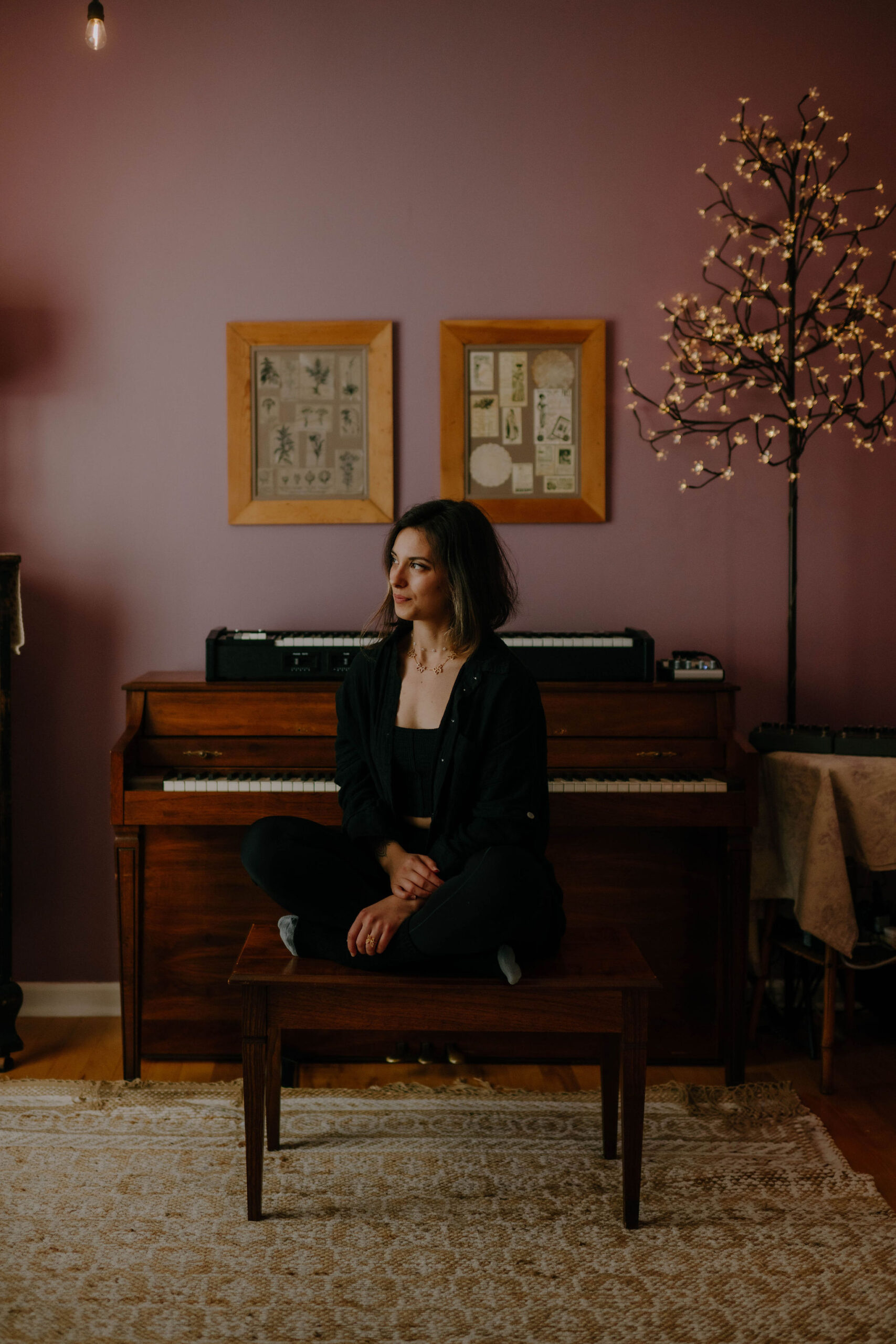 best bamboo leggings folded in front of piano looking out window