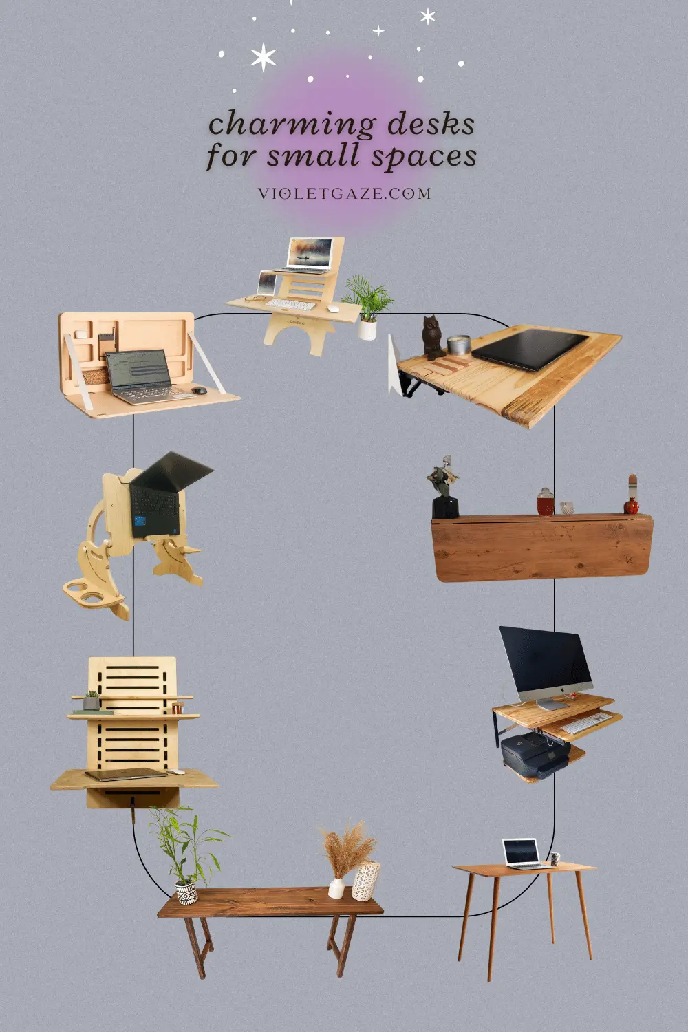 graphic collage of 9 curated desks in front of a blue background