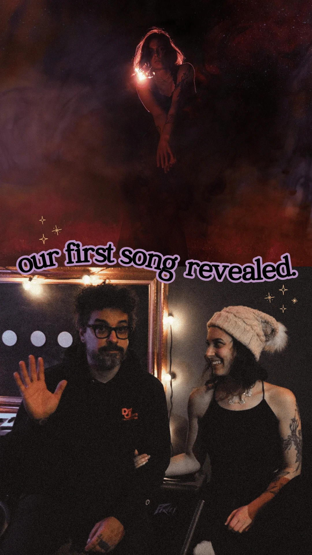 split image of a record cover on top with two musicians laughing with each other on the bottom with text our first song revealed