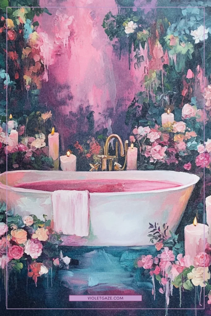 A bathtub surrounded by candles and flowers for relaxation