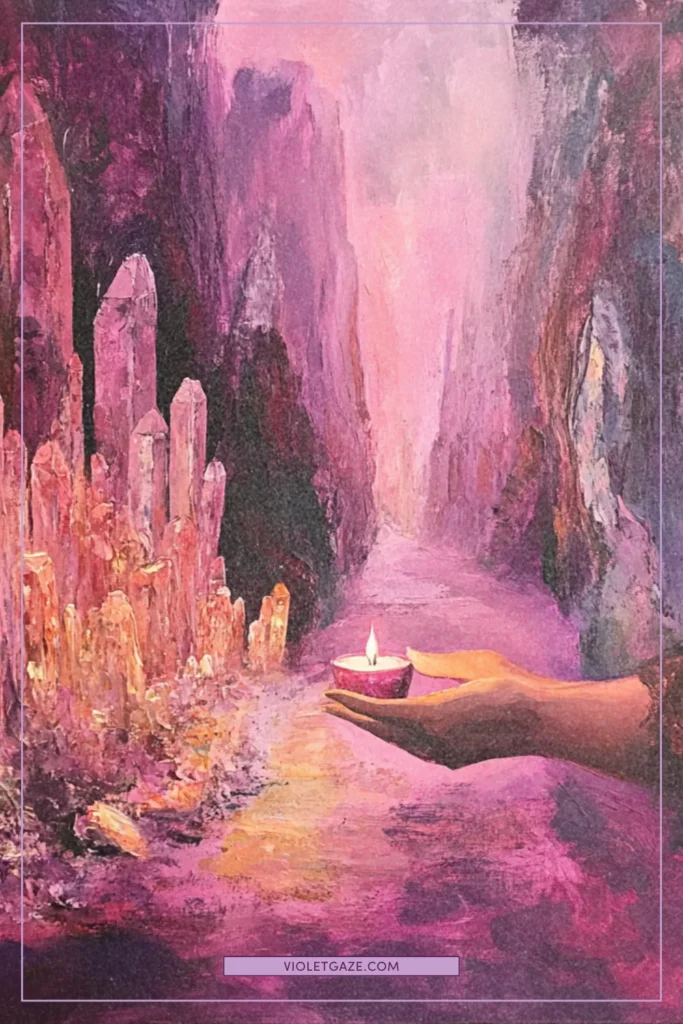 A hand lighting a candle in a mystical, crystal-filled space