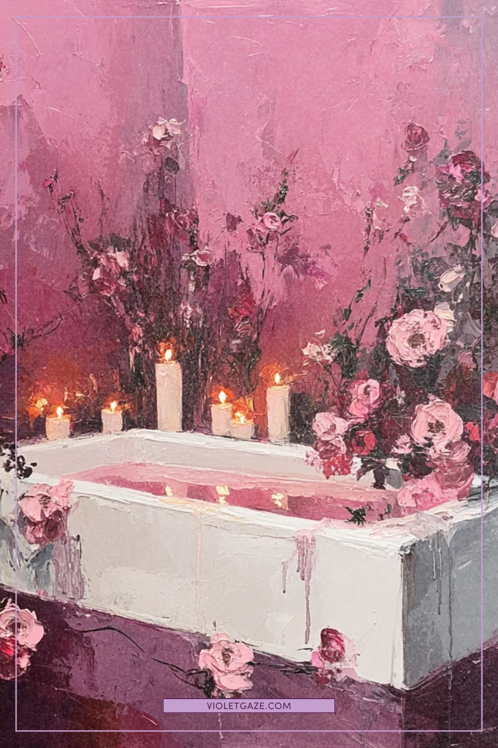 Abstract oil painting. Dark pink, mauve, cotton candy colors. Whimsical, feminine. A bathtub surrounded by candles and flowers for relaxation
