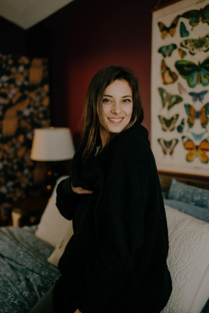 house design ideas purple home with woman wearing cozy black jacket