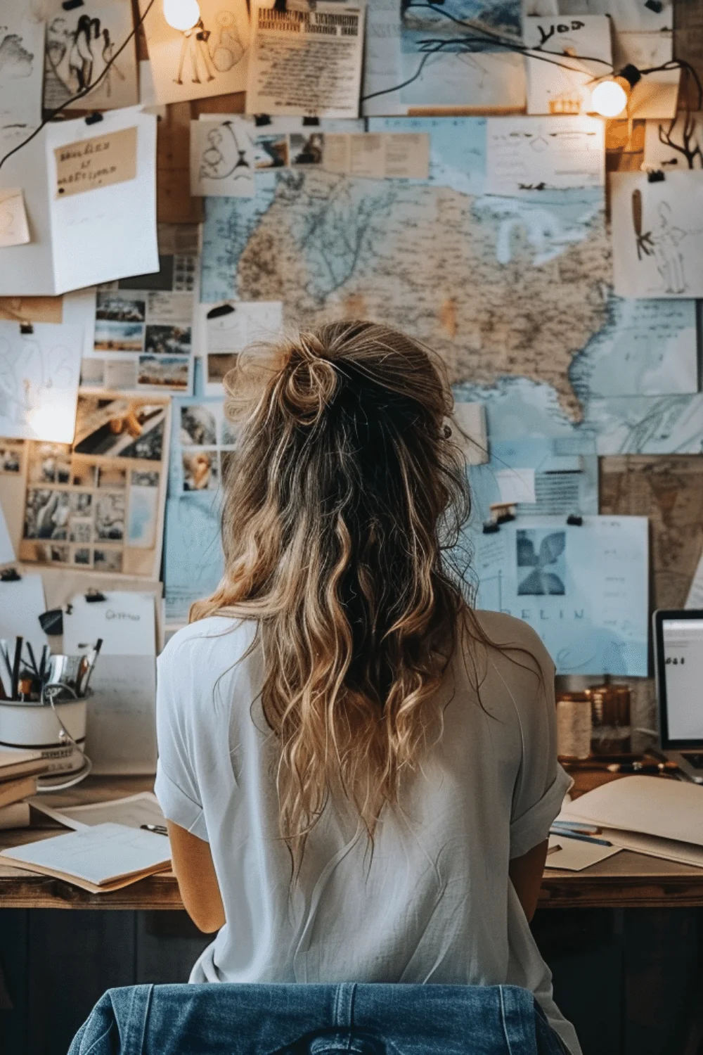image of the back of a girl staring at pictures and images for her mood board