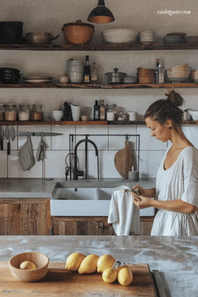 nontoxic cleaning products woman in her modern kitchen cleaning