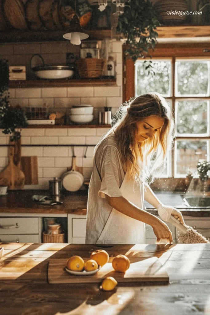 nontoxic home cleaning with woman cleaning in cottage kitchen