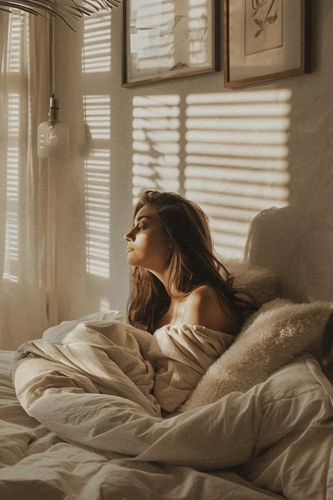 simple house designs woman in a cozy white bedroom