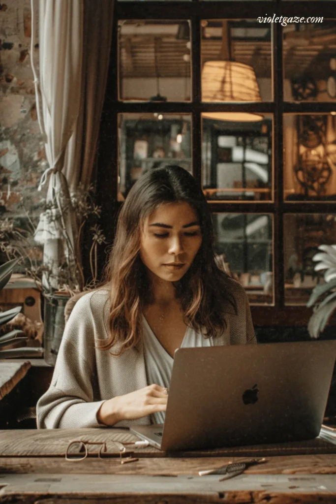 image of a woman on her computer in a cozy and earthy kitchen