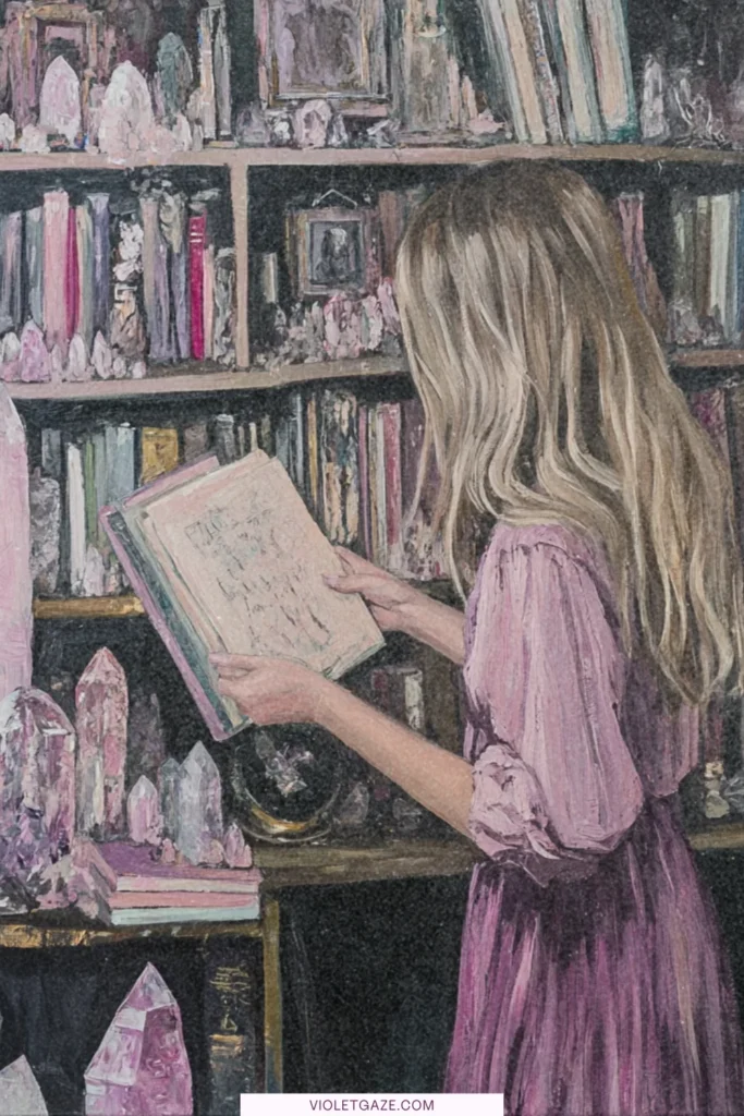Creative income streams woman with book and crystals