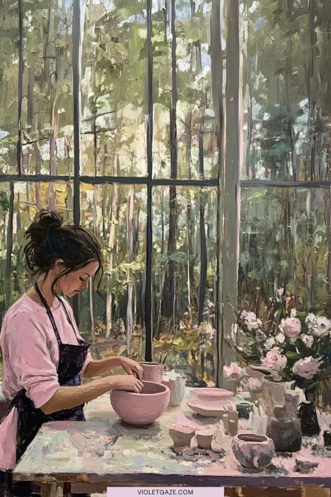 I feel so unfulfilled woman doing pottery with tall windows