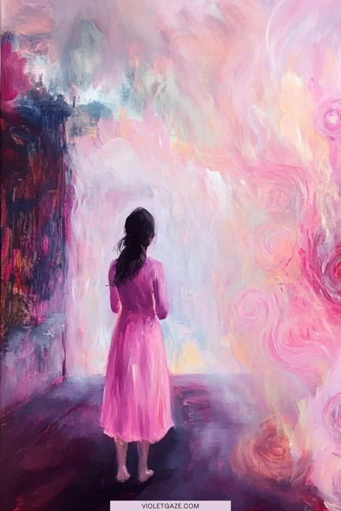 I feel so unfulfilled woman looking at abstract oil painting background