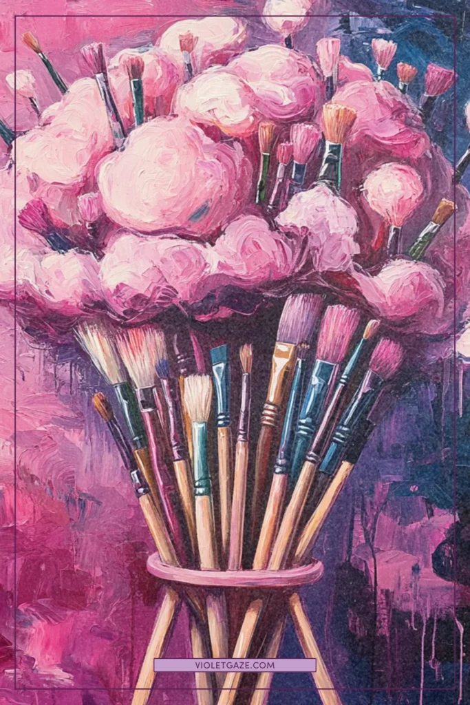 A brain filled with tangled paintbrushes and art tools