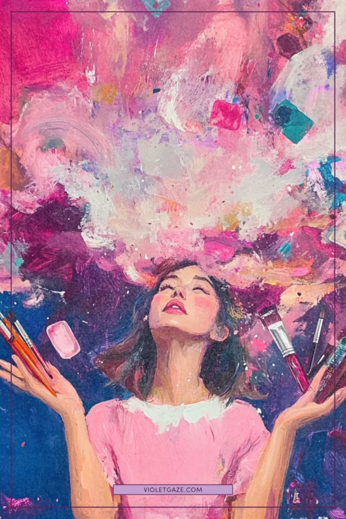 A woman juggling various art supplies