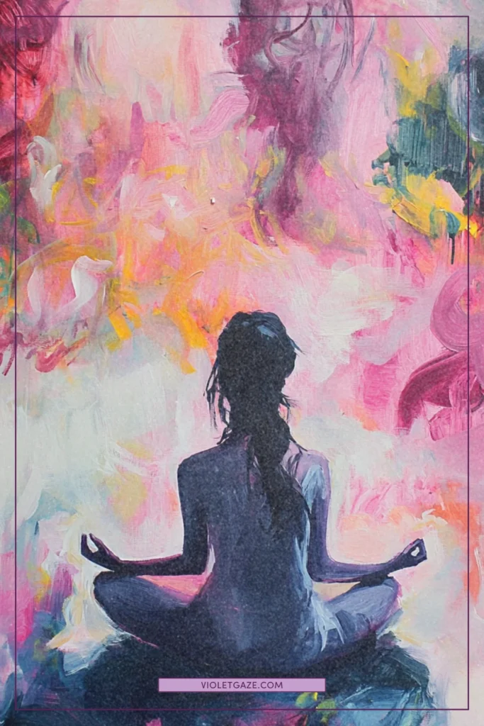 A woman meditating in a chaotic room, finding calm
