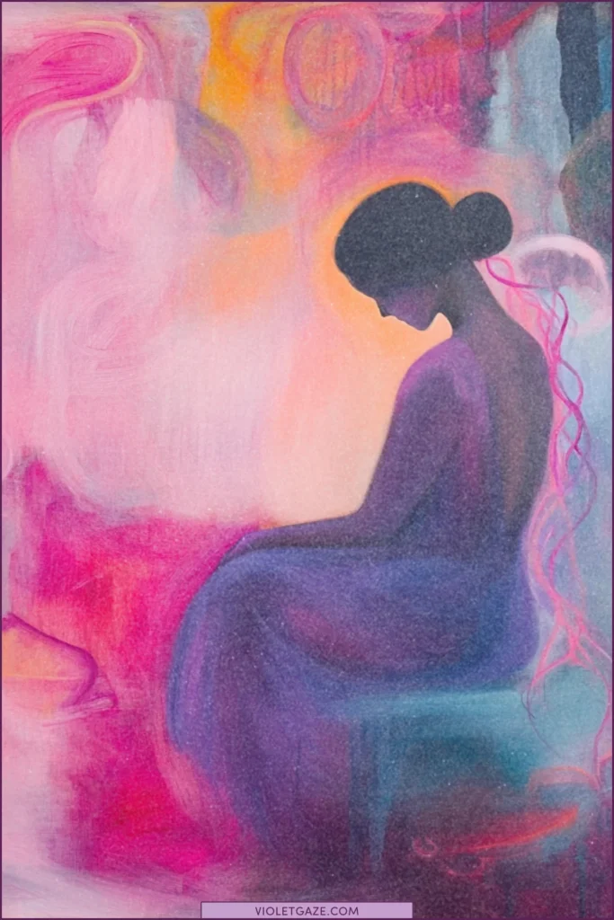 Woman braiding creative energy streams in a mystical studio space
