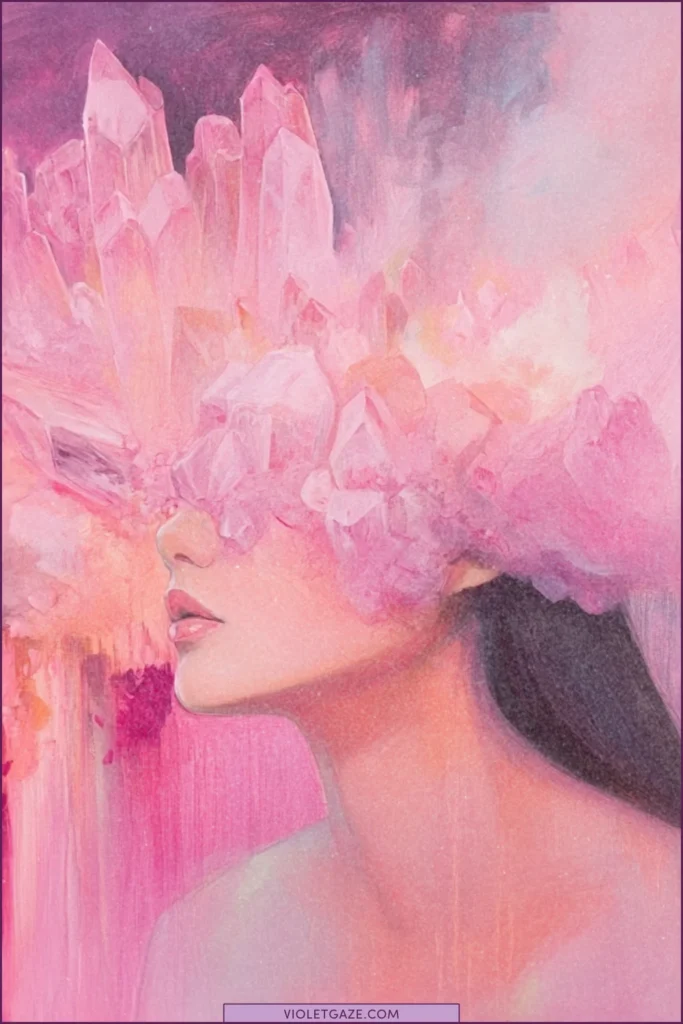 Woman channeling creative energy through crystal formations