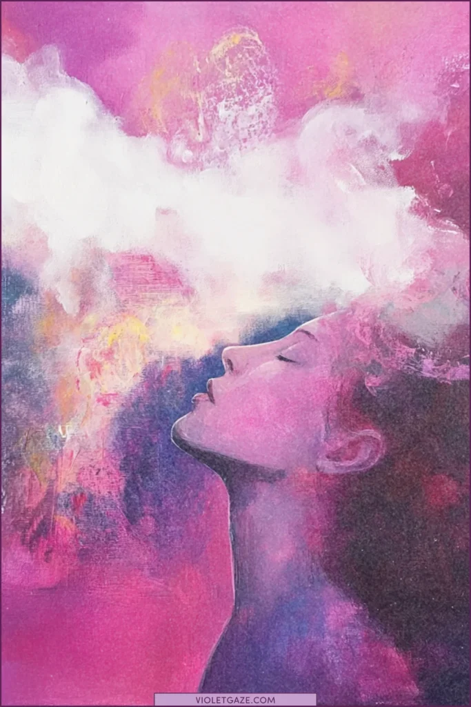 Woman collecting inspiration from floating creative spirits (2)