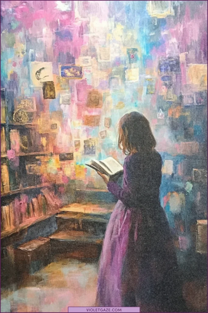 Woman collecting signs and symbols in a mystical library filled with old books