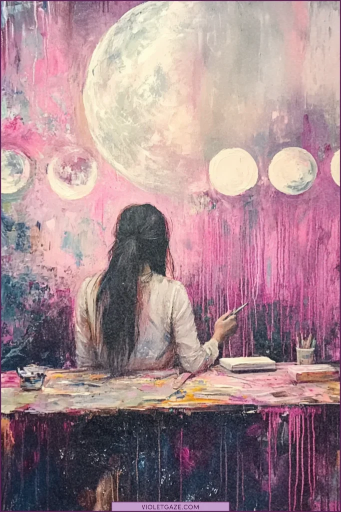 Woman creating art as moon phases circle around her workspace