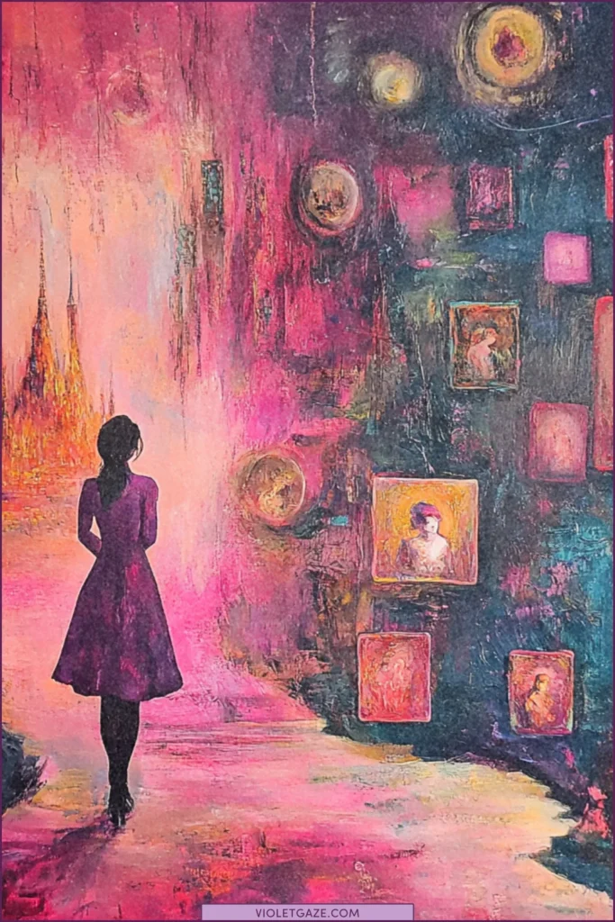 Woman discovering art pieces of herself in an enchanted gallery