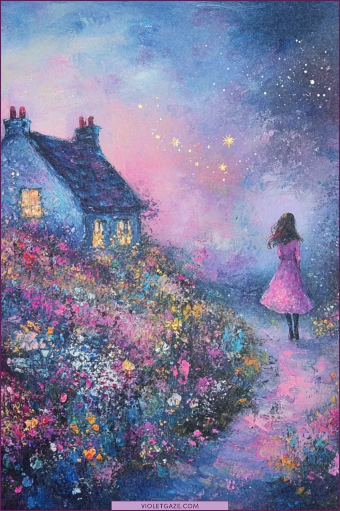 Woman following a trail of stars in a dreamy cottage garden at dusk