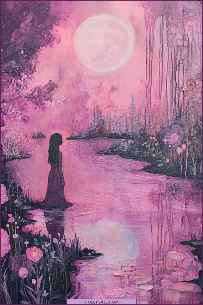 Woman looking at her reflection in a mystical pond surrounded by moonflowers