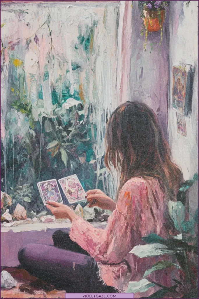 Woman reading tarot cards in a cozy window nook filled with crystals and plants