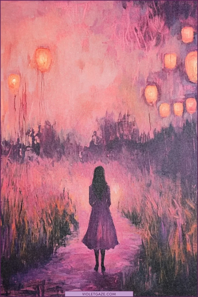 Woman standing at a crossroads in an ethereal meadow with floating lanterns