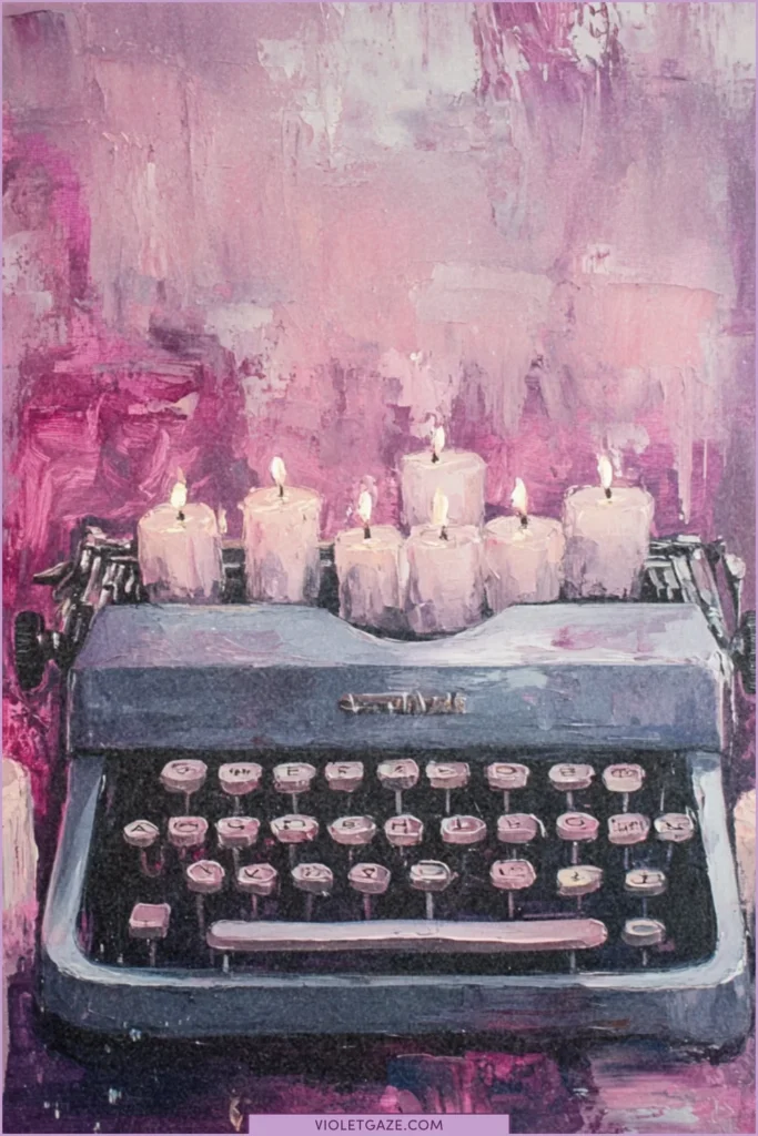 candles on a typewriter with a pink background