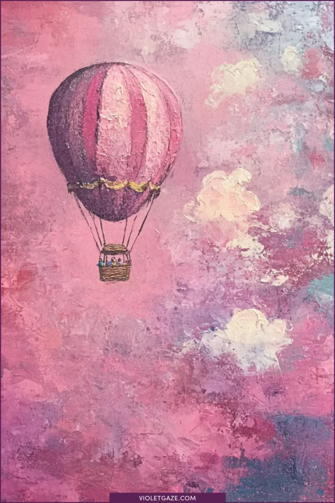 hot air balloon amongst pink and white clouds