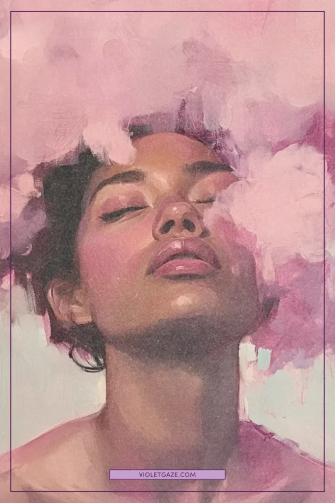 woman closed eyes with pink
