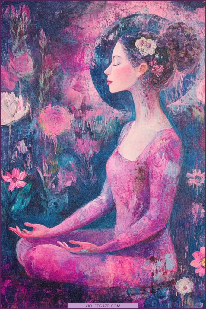 woman meditating in purple and pink flowers law of attraction quotes