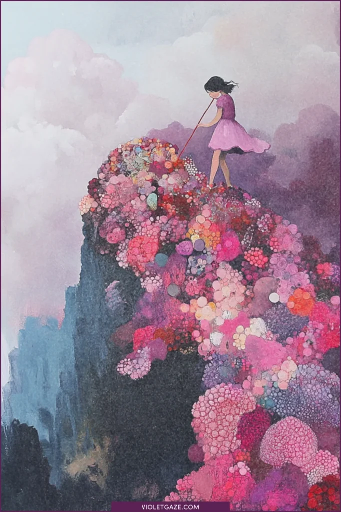 woman walking up pink flower mountain