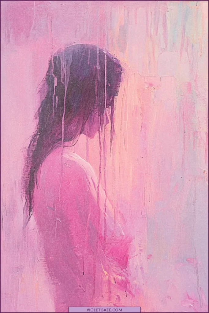 woman with water dripping down wall