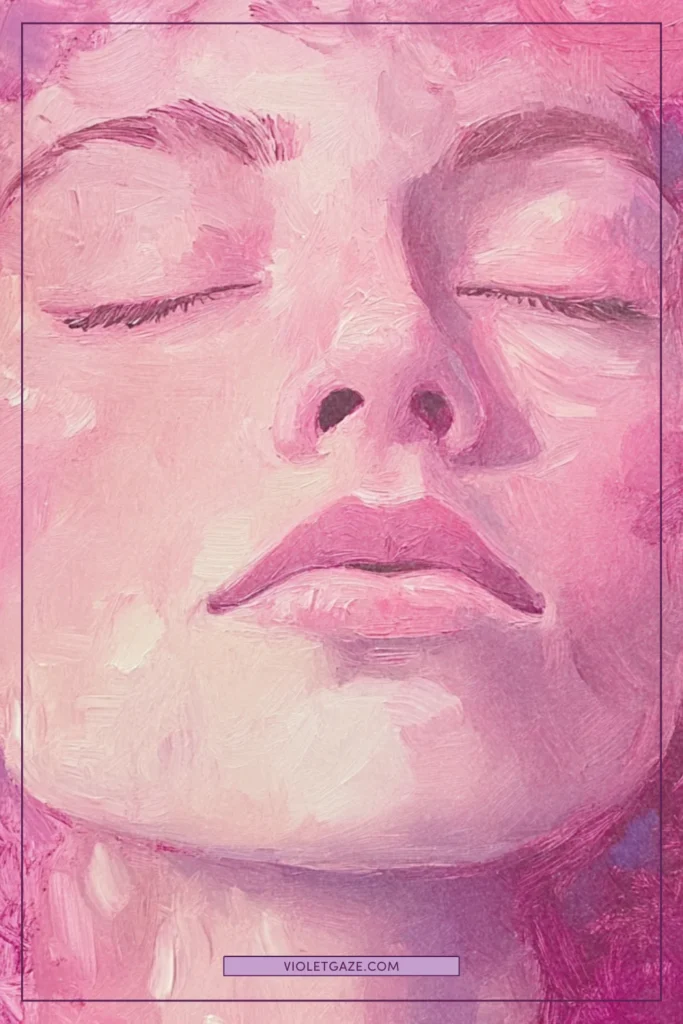 A close-up of a woman's peaceful face