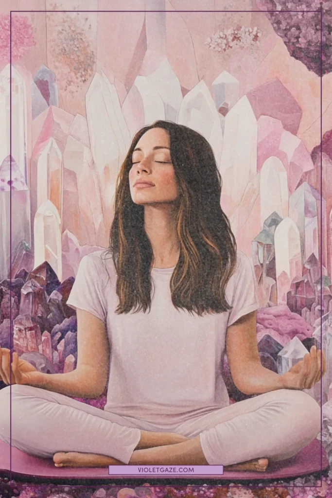 A woman meditating on an acupressure mat surrounded by crystals