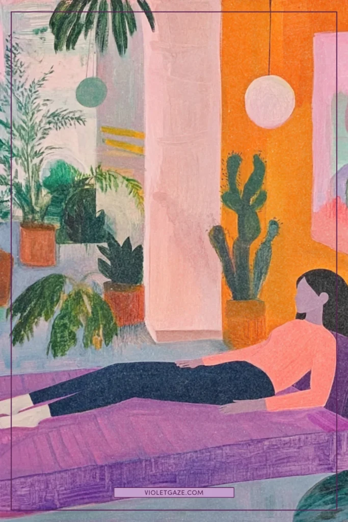 A woman on a purple mat in a serene, plant-filled room