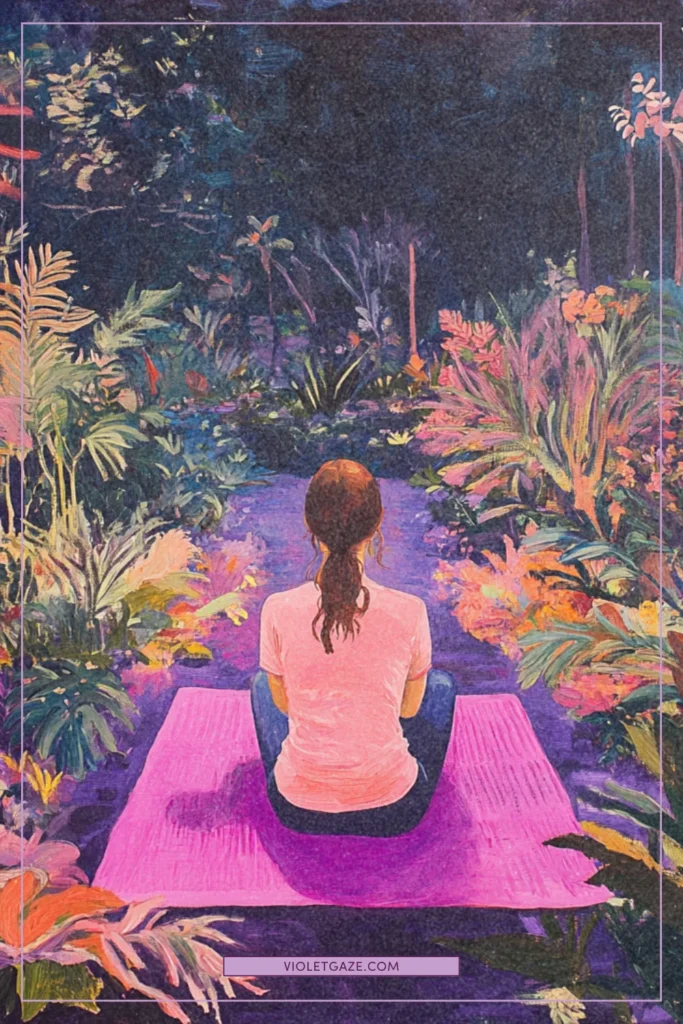 A woman on a purple acupressure mat in a serene, plant-filled room