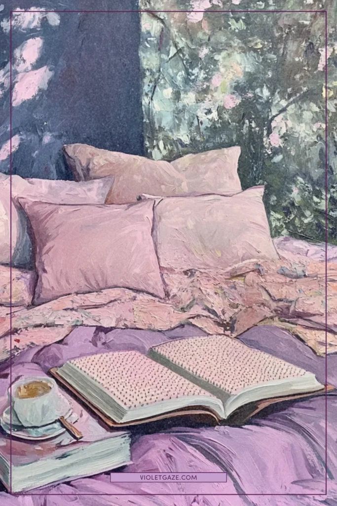 An acupressure mat on a bed with cozy pillows and a book